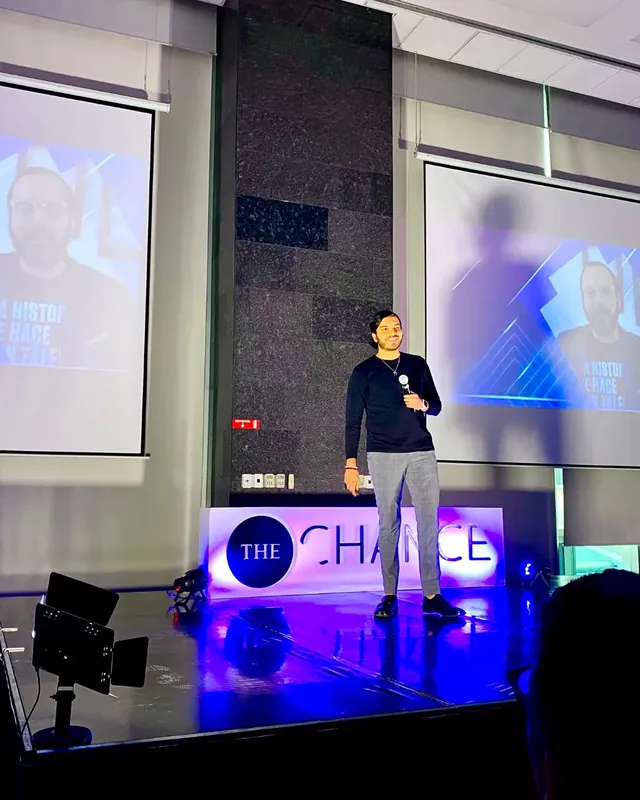 Diego Segura. Sharing his story on stage at The Chance.