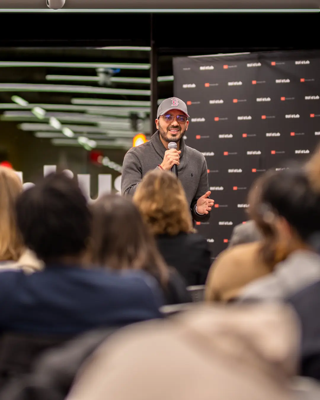 Diego Segura pitching at Boston University's Build Lab.